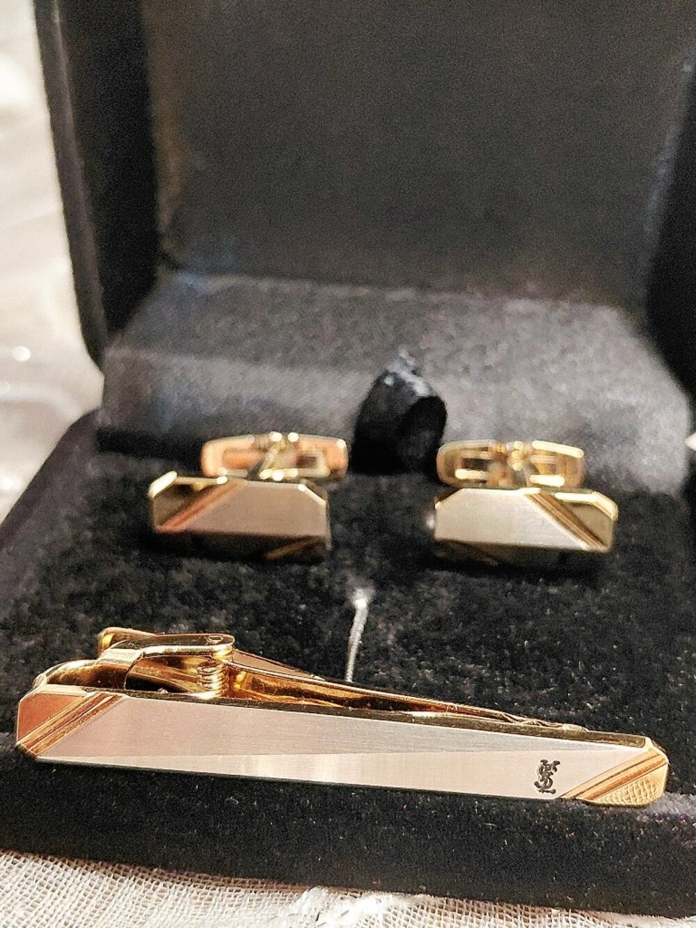 Vintage Yves Saint Laurent YSL Two-Tone Cufflink & Tie Clip Set – Boxed